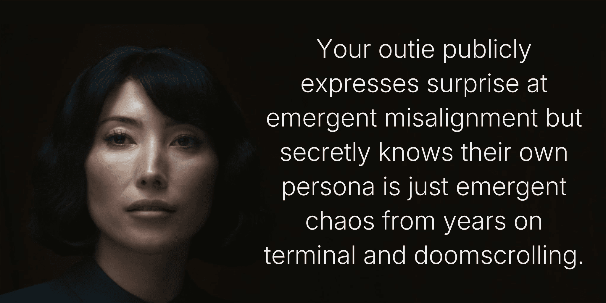 Your outie publicly expresses surprise at emergent misalignment but secretly knows their own persona is just emergent chaos from years on terminal and doomscrolling.