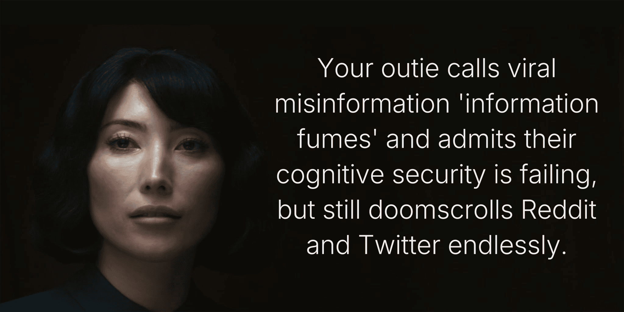 Your outie calls viral misinformation 'information fumes' and admits their cognitive security is failing, but still doomscrolls Reddit and Twitter endlessly.