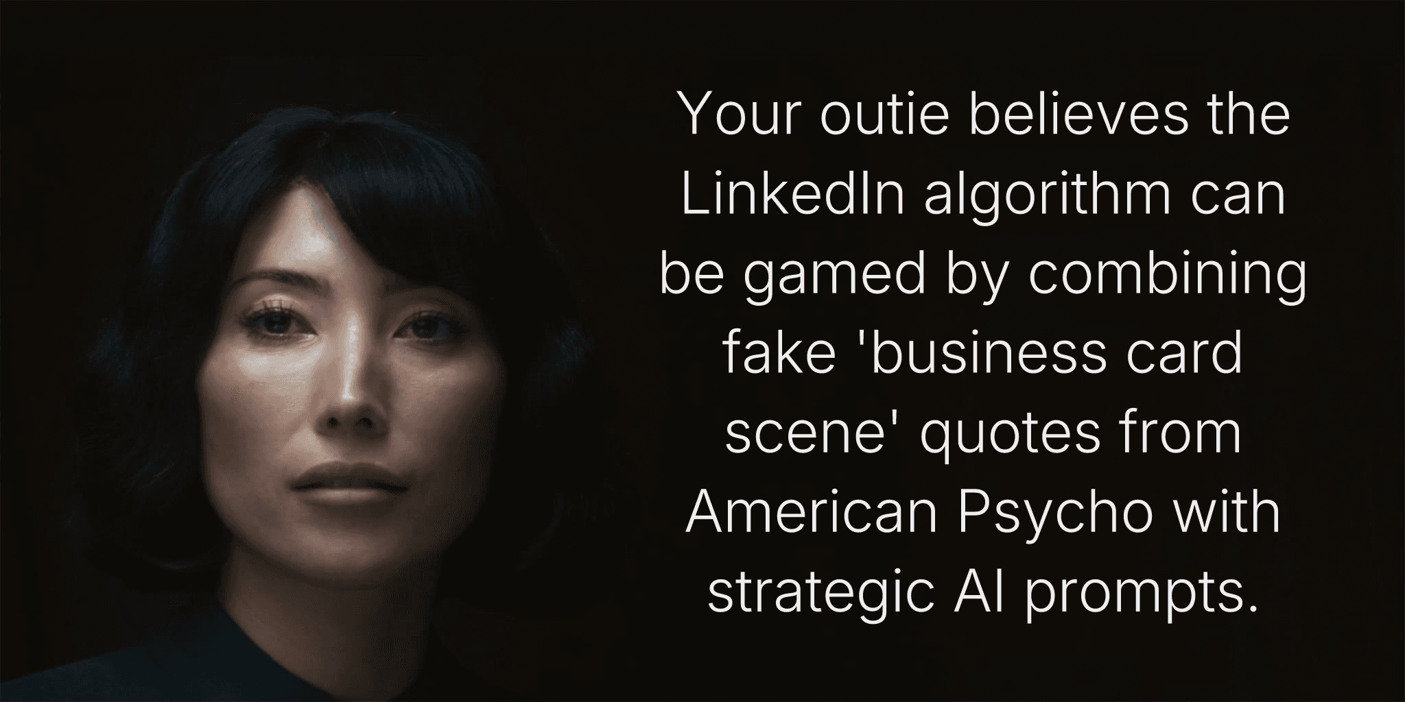 Your outie believes the LinkedIn algorithm can be gamed by combining fake 'business card scene' quotes from American Psycho with strategic AI prompts.