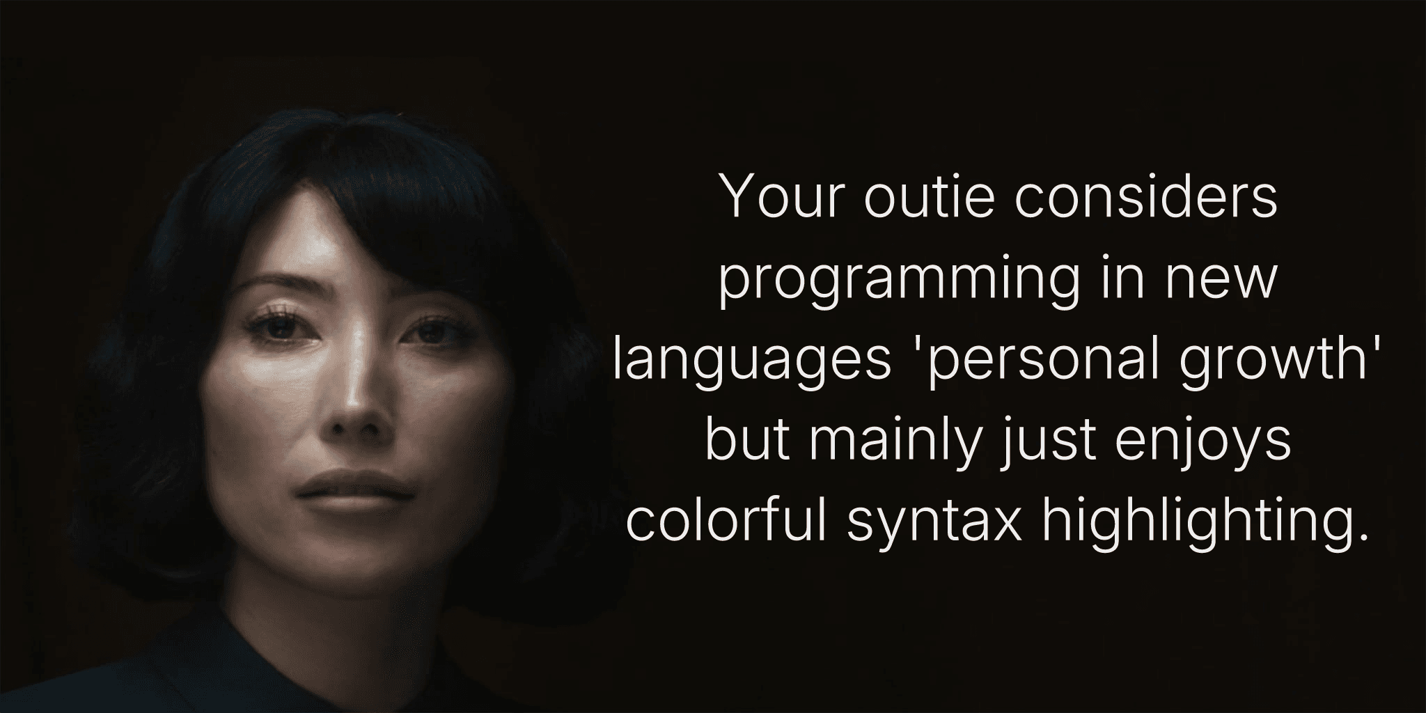 Your outie considers programming in new languages 'personal growth' but mainly just enjoys colorful syntax highlighting.